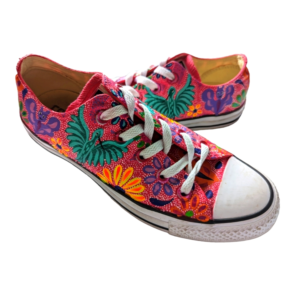 Converse All Star Bright Pink Florals Custom Painted Women's 6 Low Top Shoes LTD